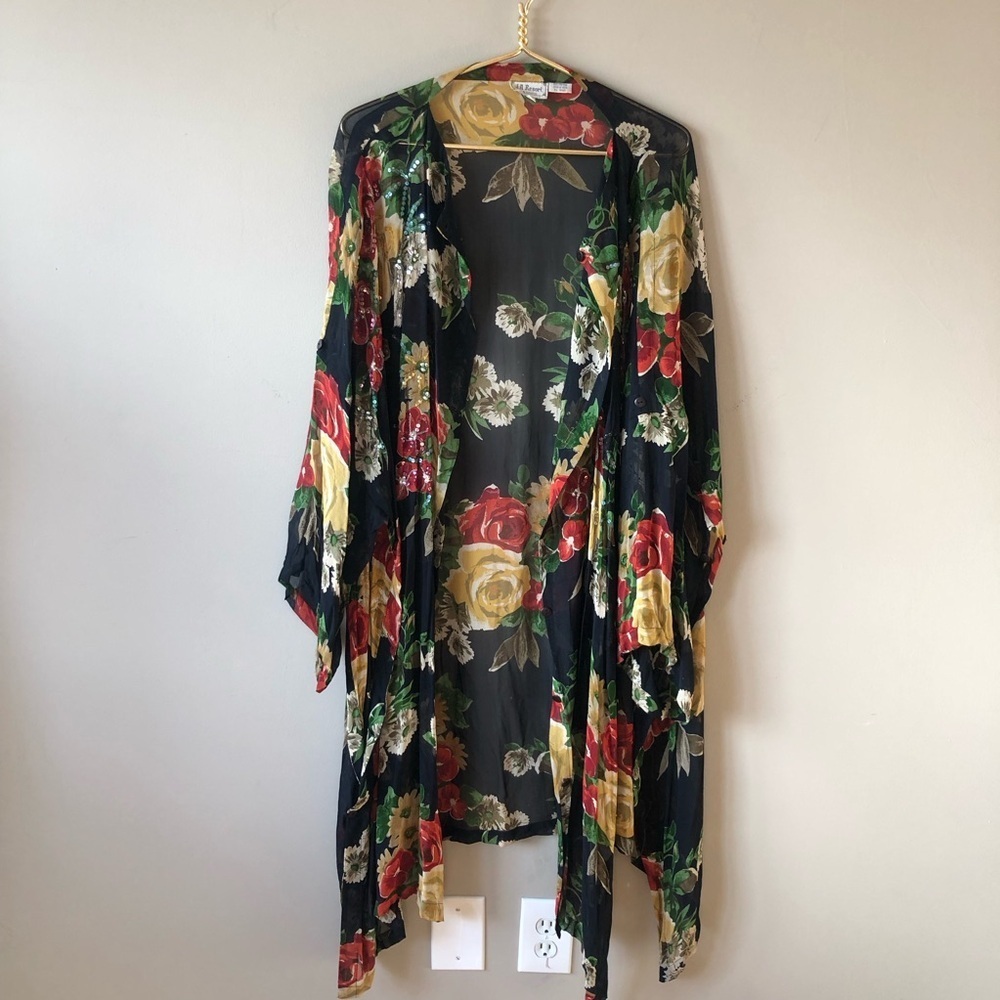 J A Resort Vintage Black Floral Sheer Sequin Kimono Maxi Jacket Cardigan 3X